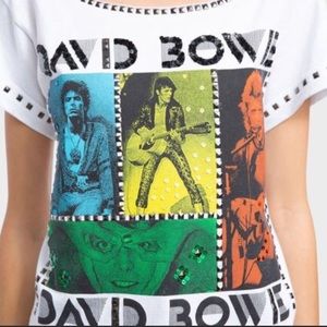Alice and Olivia Mikey David Bowie Embellished Wide Neck Studded T-shirt. M/L